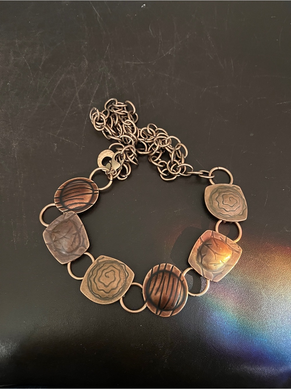 Chico's Vintage Art Coins Brutalist 50" belt Copper and gold tone